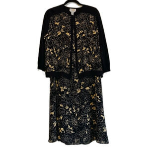 Talbots Black and Gold silk Rose Floral Midi Dress and cardigan set size 12